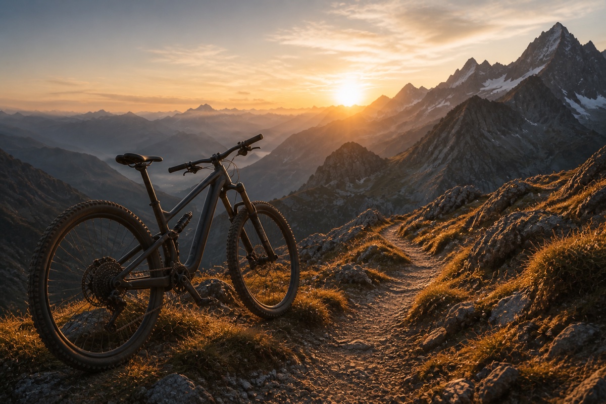 Mountain bike beside an alpine trail at golden hour